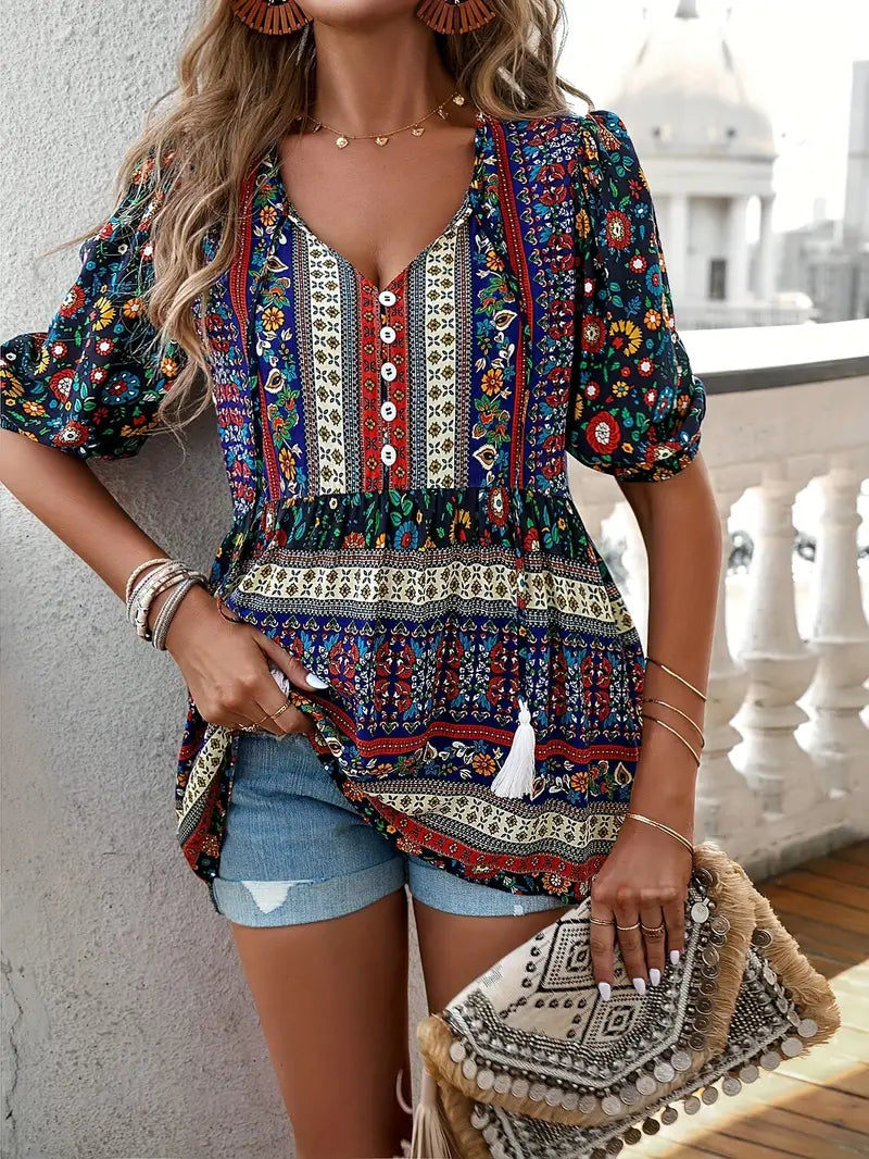 Flynn - Blusa comoda con stampa floreale etnica e scollo a V