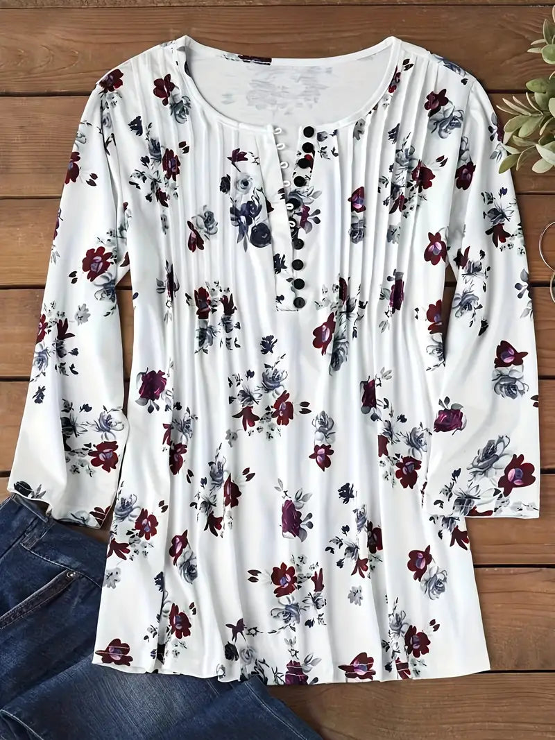 Saskia - T-shirt floreale con scollo a V e maniche arricciate